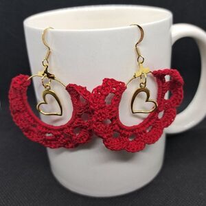 Goldtone Hoop Dangle Earrings with Heart Charm and Crocheted Trim- Handmade